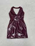 Women Sexy Halter Neck Pu-Leather V-Neck Bodycon Dress