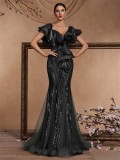 Women Elegant Ruffle Sleeve Sequin Backless Mermaid Evening Dress