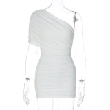 Women Summer Solid Sexy Slash Shoulder Pleated Mesh Dress