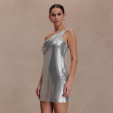 Women Spring Solid Sexy Slash Shoulder Shiny One-Shoulder Dress