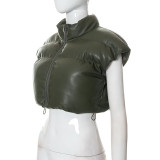 Autumn/Winter Women's Stand Collar Faux Leather Short Puffer Cotton Vest