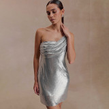 Women Spring Solid Sexy Slash Shoulder Shiny One-Shoulder Dress