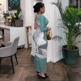 Women's Fashion Printed One-Shoulder Long Sleeve Slim Waist Long Dress