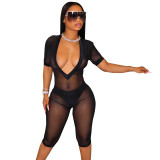Women's Fashion Style Sexy Deep V See-Through Short Sleeve Jumpsuit