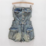 Women Summer Cargo Button Denim Jumpsuit