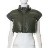 Autumn/Winter Women's Stand Collar Faux Leather Short Puffer Cotton Vest
