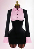 Women Sexy Turndown Collar Faux Two-Piece Color Block Bodycon Dress