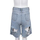 Autumn Women's Street Style Printed Ripped Fringe Denim Shorts