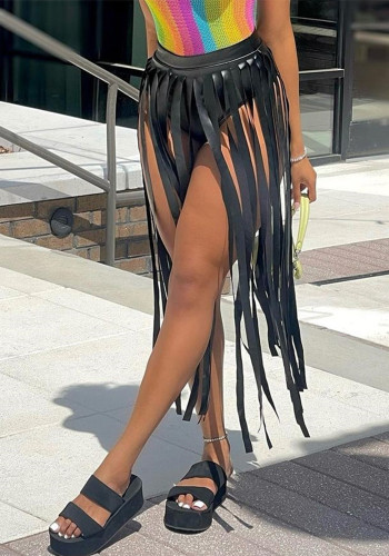 Autumn Women's Sexy Casual Fringe Slit Cutout PU Leather Skirt