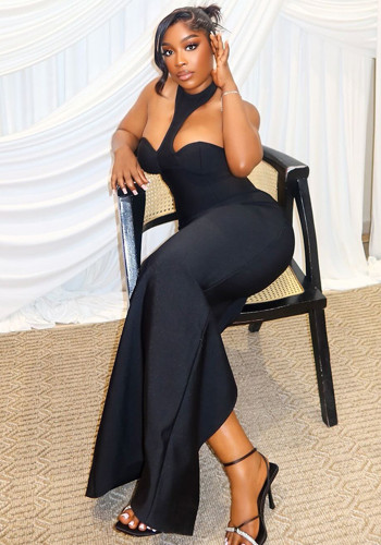 Women Solid Halter Neck Sleeveless Sexy Backless Bodycon Dress