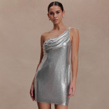 Women Spring Solid Sexy Slash Shoulder Shiny One-Shoulder Dress