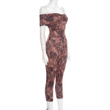 Women Leopard Print Mesh Off Shoulder 3/4 Jumpsuit
