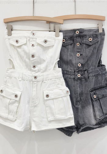 Women Summer Cargo Button Denim Jumpsuit