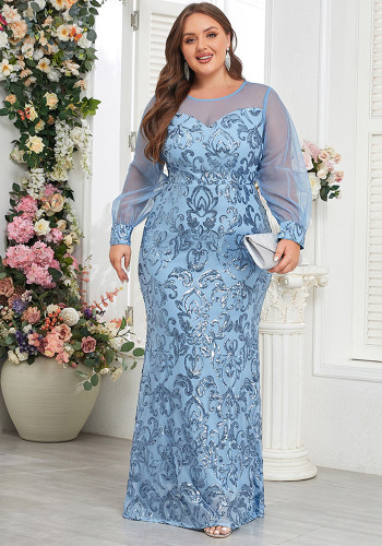 Plus Size Women See-Through Long-Sleeve Round Neck Sky Blue Evening Dress