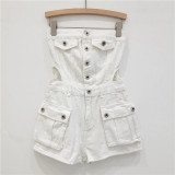 Women Summer Cargo Button Denim Jumpsuit