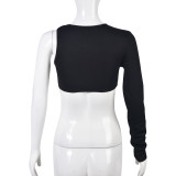 Spring Women's Sexy Open Waist One-Sleeve Rhinestone Chain Fringe T-Shirt