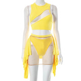Summer Women's Sexy Mesh See-Through Cutout Patchwork Top & Skirt Set