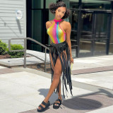 Autumn Women's Sexy Casual Fringe Slit Cutout PU Leather Skirt