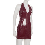 Women Sexy Halter Neck Pu-Leather V-Neck Bodycon Dress