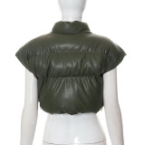 Autumn/Winter Women's Stand Collar Faux Leather Short Puffer Cotton Vest