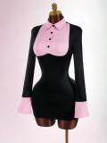 Women Sexy Turndown Collar Faux Two-Piece Color Block Bodycon Dress