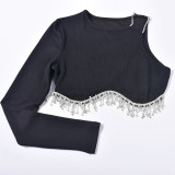 Spring Women's Sexy Open Waist One-Sleeve Rhinestone Chain Fringe T-Shirt