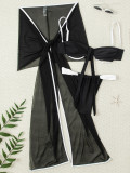 Women Color Block Sexy Beach Swimwear with Bow (Three-Piece)