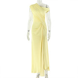 Women Solid Pleated Skirt Slash Shoulder Sleeveless Off-Shoulder Dress