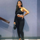 Spring Women's Sexy Open Waist One-Sleeve Rhinestone Chain Fringe T-Shirt