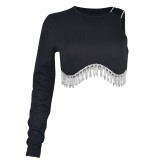 Spring Women's Sexy Open Waist One-Sleeve Rhinestone Chain Fringe T-Shirt