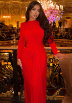 Women Solid Pleated Round Neck Long-Sleeve Bodycon Dress