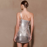 Women Spring Solid Sexy Slash Shoulder Shiny One-Shoulder Dress
