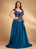 Women Elegant Sequin Embroidered Contrast Color Square Neck Evening Dress