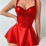 Women Lace Lace-Up Bra Bodycon Pu-Leather Sexy Lingerie