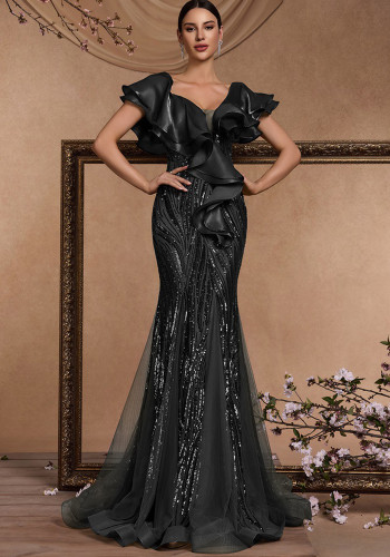 Women Elegant Ruffle Sleeve Sequin Backless Mermaid Evening Dress