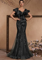 Women Elegant Ruffle Sleeve Sequin Backless Mermaid Evening Dress Women Elegant Ruffle Sleeve Sequin Backless Mermaid Evening Dress