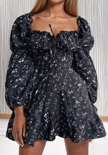 Spring Women's Elegant Fashion Floral Slim Waist Long Sleeve Mini Dress
