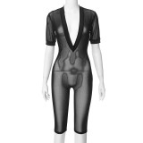 Women's Fashion Style Sexy Deep V See-Through Short Sleeve Jumpsuit
