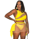 Summer Women's Sexy Mesh See-Through Cutout Patchwork Top & Skirt Set