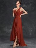 Women's V-Neck Chiffon Ruched Low Back High-Low Bridesmaid Party Dress