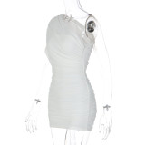Women Summer Solid Sexy Slash Shoulder Pleated Mesh Dress