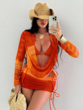 Women's Swimwear Printed Mesh Long Sleeve Beach Skirt Sexy Bikini Four-Piece Set