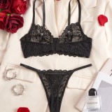 Women Lace Printed Bra See-Through Thong Sexy Lingerie Two-Piece Set