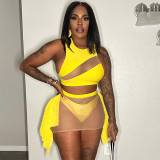 Summer Women's Sexy Mesh See-Through Cutout Patchwork Top & Skirt Set