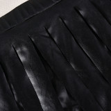 Autumn Women's Sexy Casual Fringe Slit Cutout PU Leather Skirt