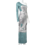 Women's Fashion Printed One-Shoulder Long Sleeve Slim Waist Long Dress