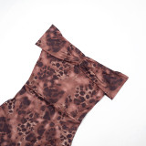 Women Leopard Print Mesh Off Shoulder 3/4 Jumpsuit