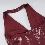 Women Sexy Halter Neck Pu-Leather V-Neck Bodycon Dress
