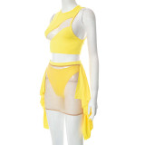 Summer Women's Sexy Mesh See-Through Cutout Patchwork Top & Skirt Set