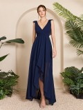Women's V-Neck Chiffon Ruched Low Back High-Low Bridesmaid Party Dress